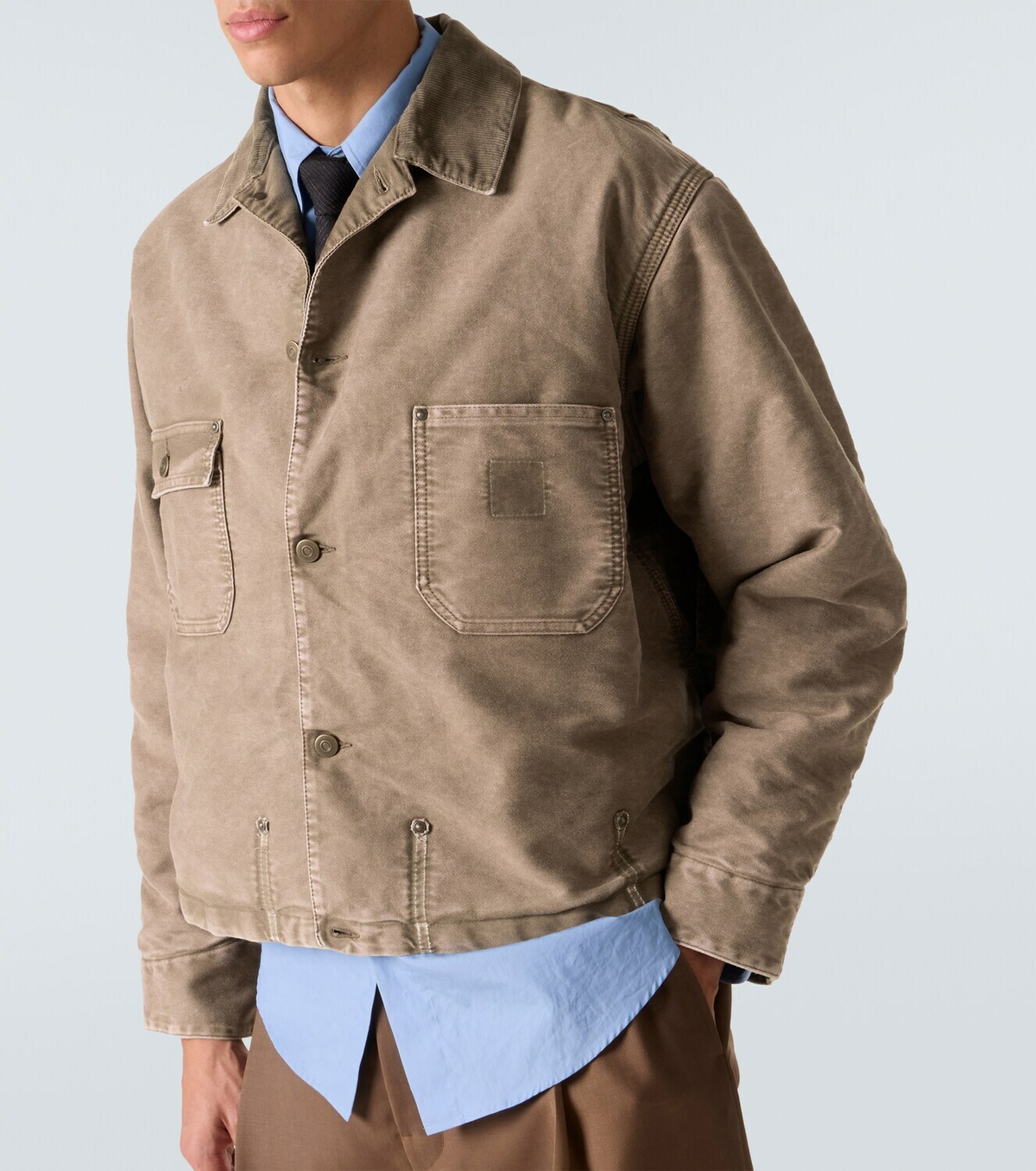 Maison Margiela Corduroy-trimmed distressed denim jacket