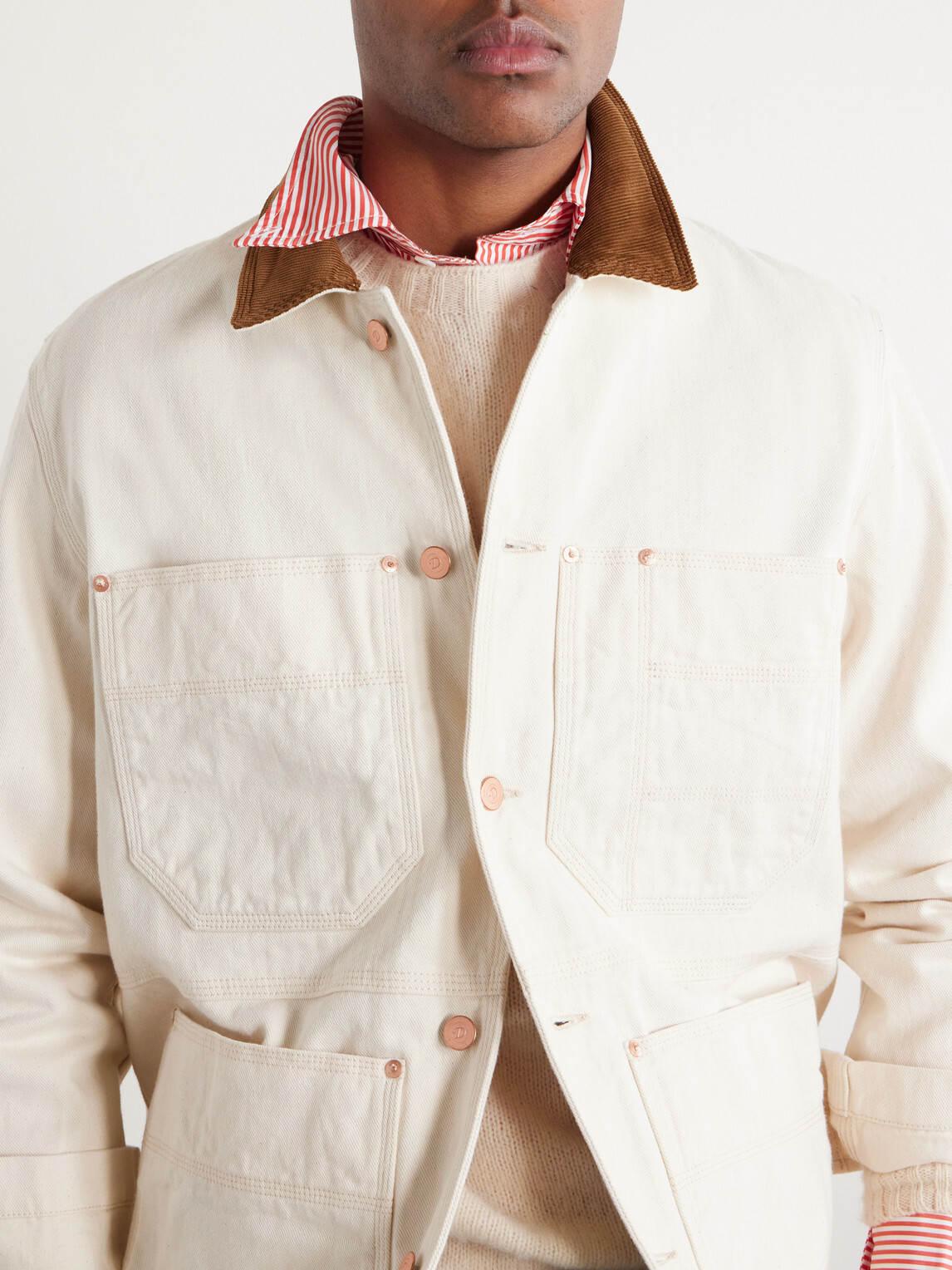 Drake's - Corduroy-Trimmed Denim Jacket - Neutrals