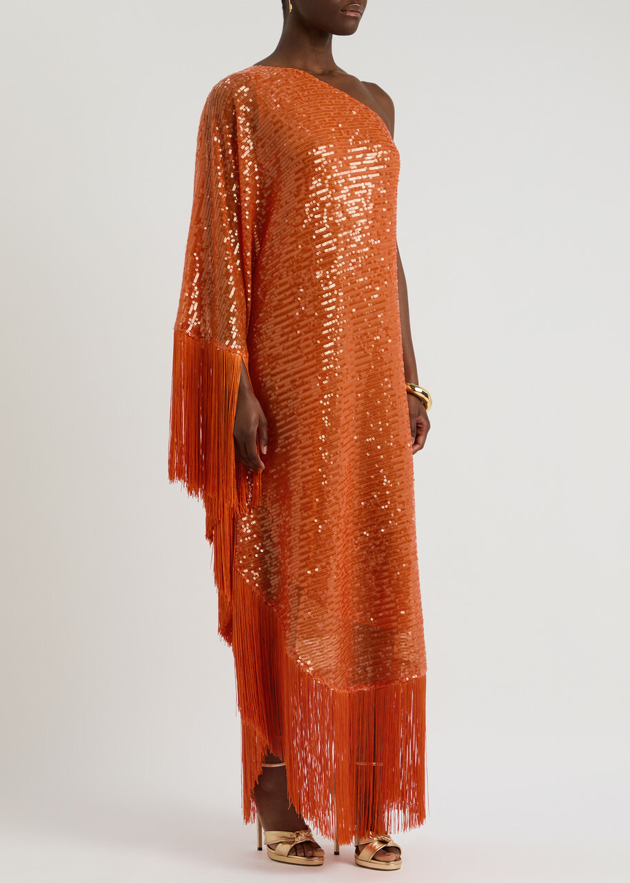 Taller Marmo Spritz Disco Fringe-trimmed Sequin Gown Orange Taller Marmo