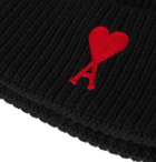 AMI PARIS - Logo-Appliquéd Ribbed Merino Wool Beanie - Black