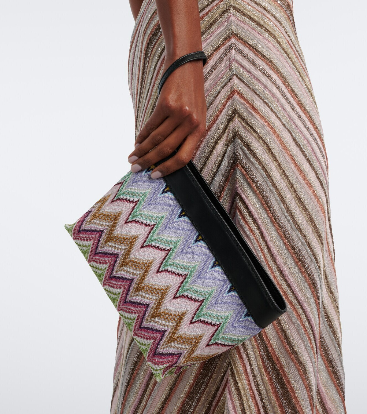 Missoni Zigzag leather-trimmed lamé pouch