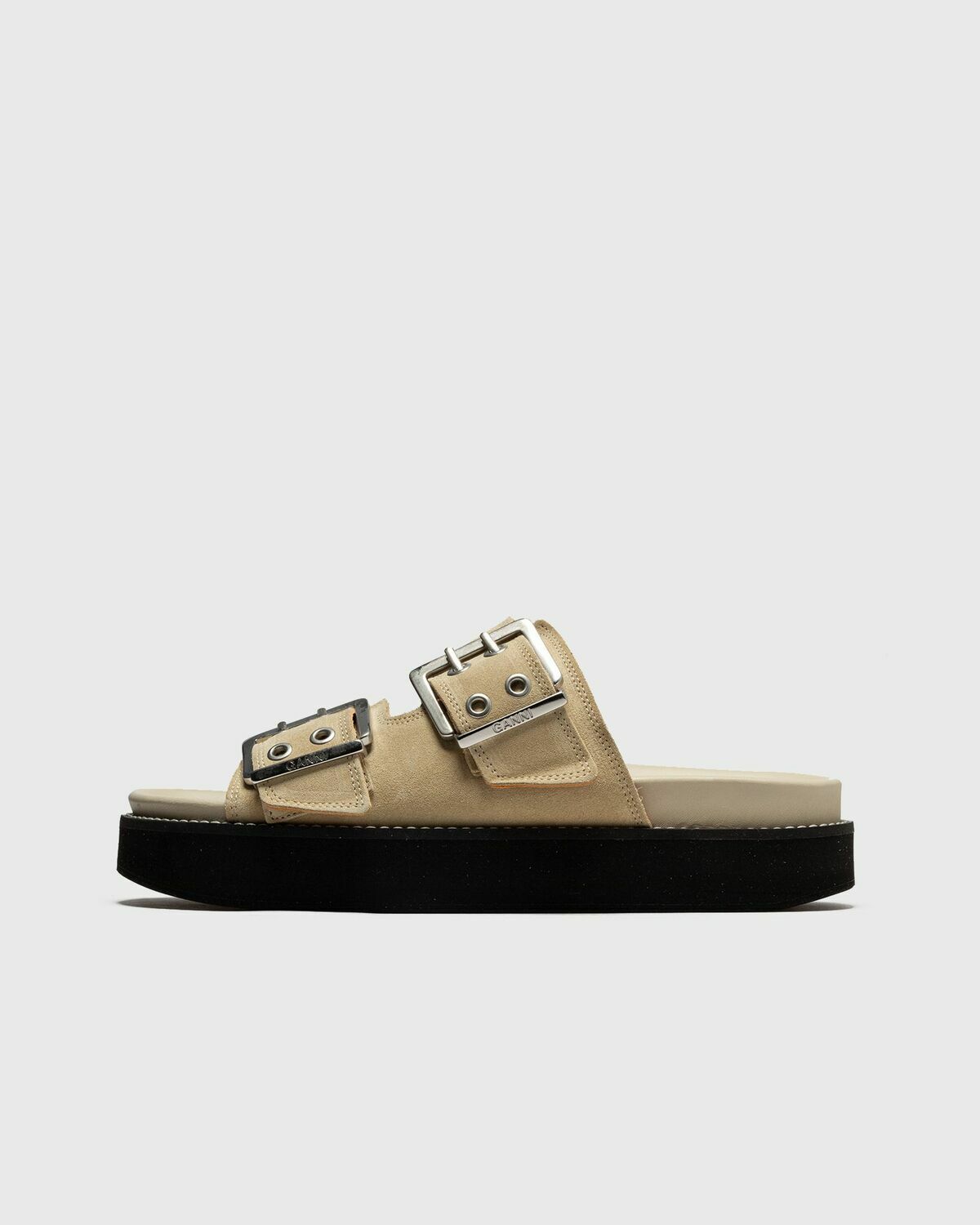 Ganni Wide Welt Chunky Buckle Flat Sandal Suede Beige Sandals