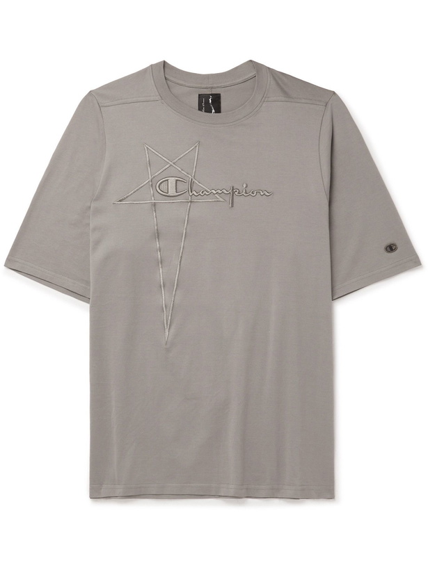 Photo: RICK OWENS - Champion Logo-Embroidered Cotton-Jersey T-Shirt - Gray