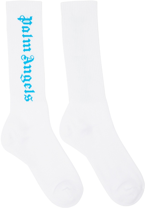 Photo: Palm Angels White & Blue Classic Logo Socks