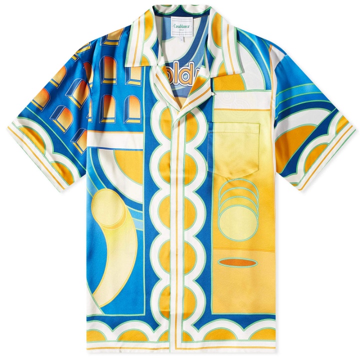 Photo: Casablanca Men's Paysage Short Sleeve Silk Shirt in Blue/Yellow
