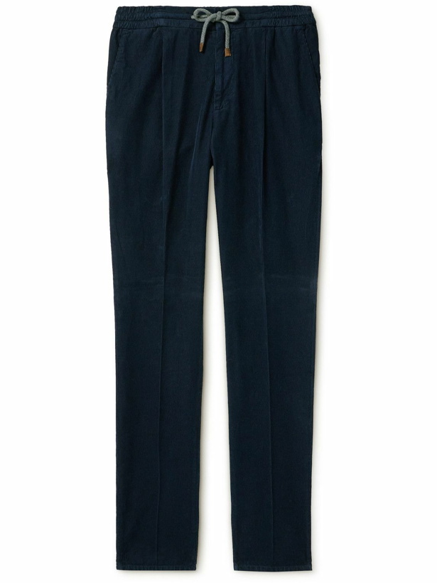 Photo: Brunello Cucinelli - Tapered Pleated Cotton-Corduroy Drawstring Trousers - Blue