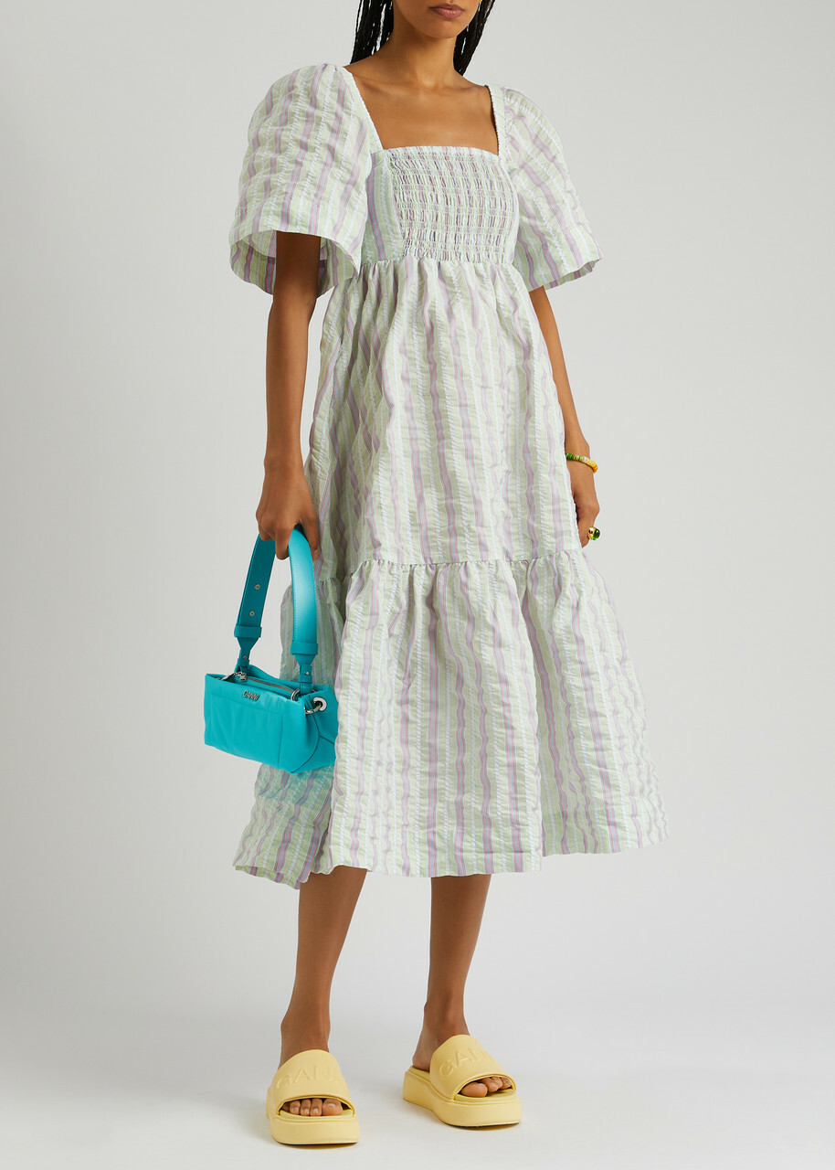 ganni striped midi dress Ganni Green Stripe Cotton Smock Dress