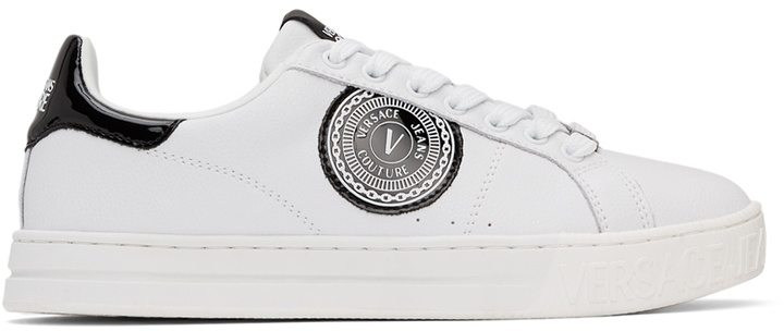 Photo: Versace Jeans Couture White & Black 88 V-Emblem Court Sneakers