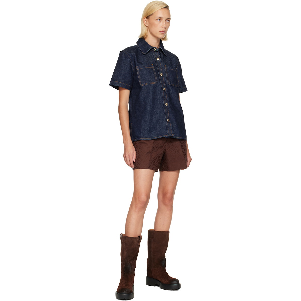 Casablanca Navy Short Sleeve Denim Shirt