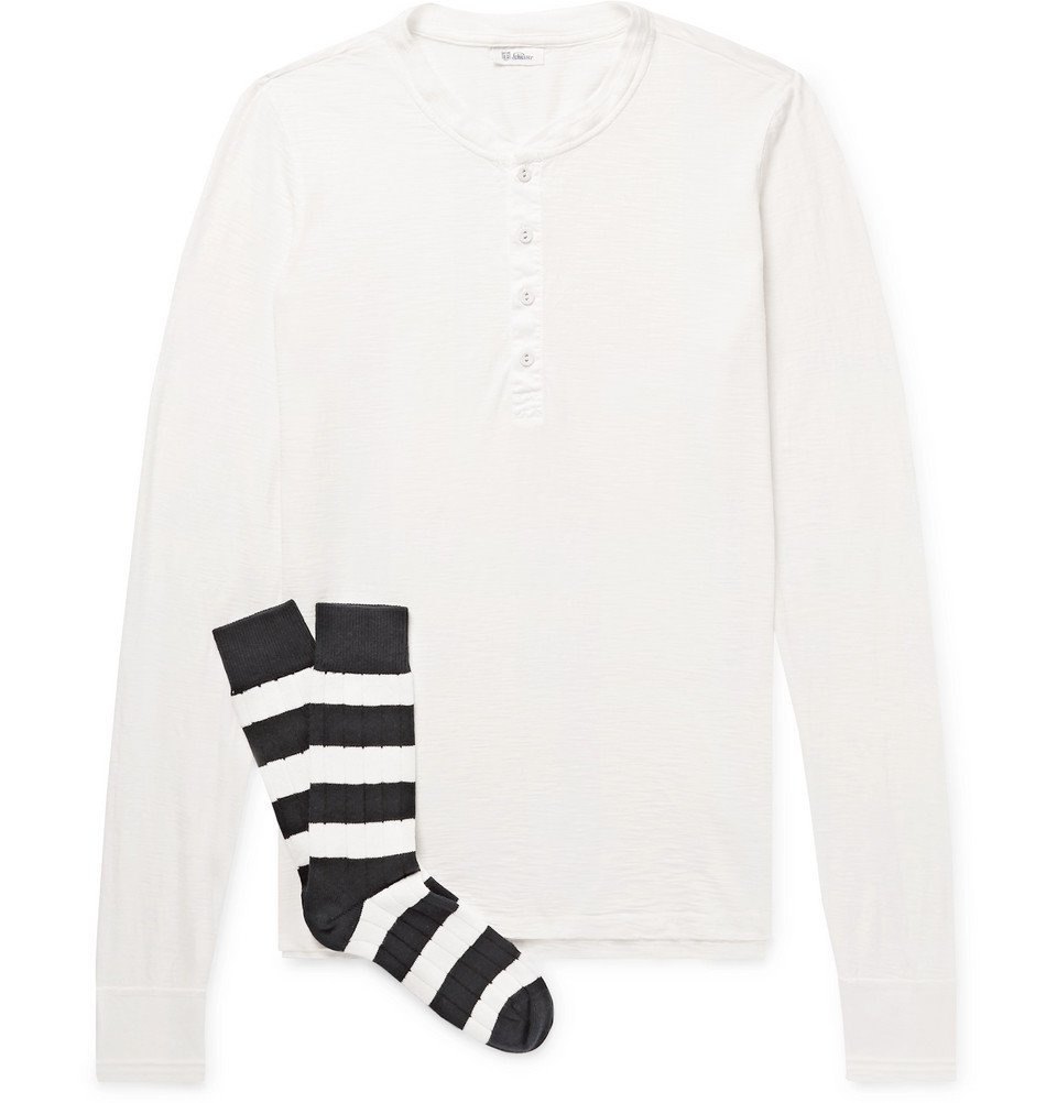 Photo: Schiesser - Hanno Slub Cotton-Jersey Henley T-Shirt and Stretch Cotton-Blend Socks Set - Men - White