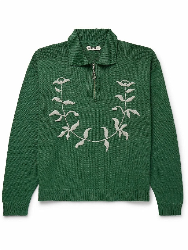 Photo: BODE - Floret Embroidered Wool Half-Zip Sweater - Green