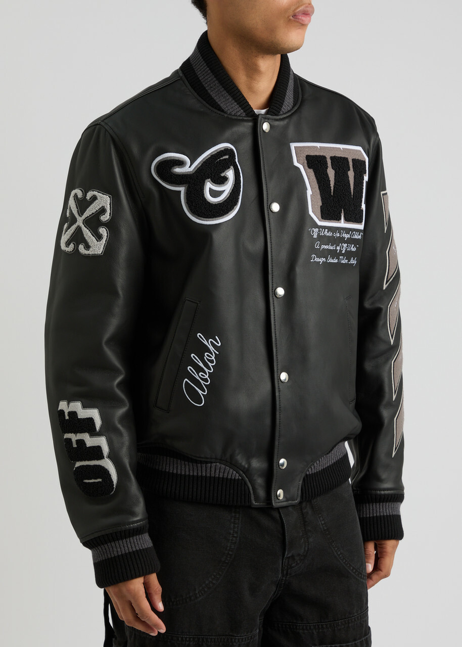 Off-white Logo Leather Varsity Jacket Black