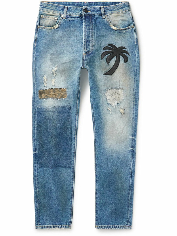 Photo: Palm Angels - Straight-Leg Appliquéd Distressed Jeans - Blue