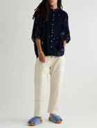 11.11/eleven eleven - Grandad-Collar Embroidered Silk and Cotton-Blend Shirt - Blue