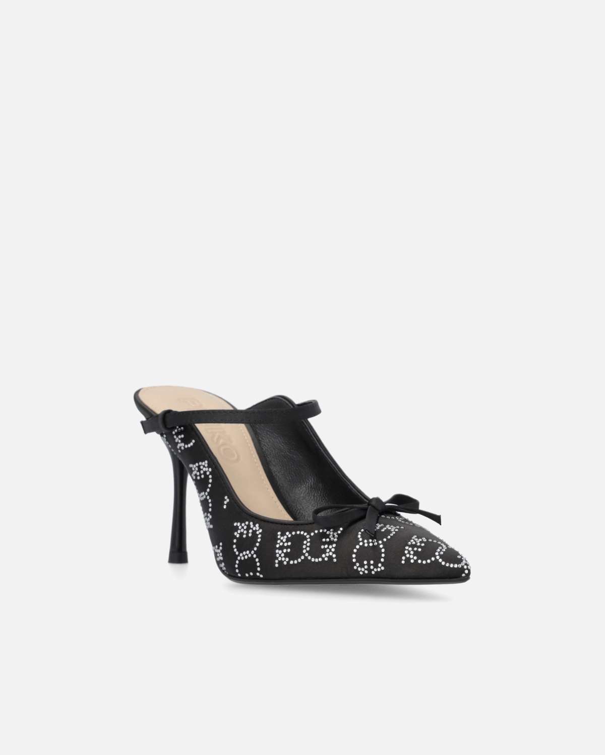 Pinko Rhinestoned Satin Slip Ons With Heel Limo Black