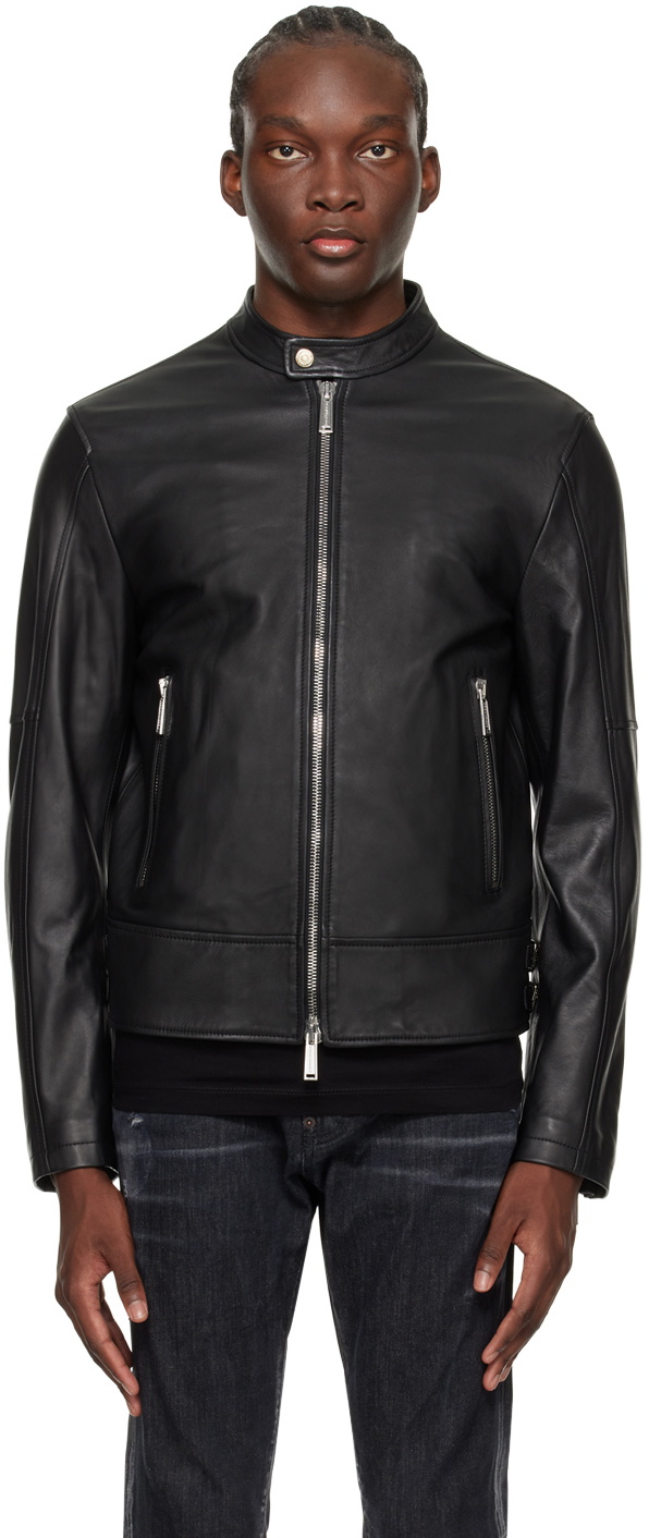 Dsquared2 Black Band Collar Leather Biker Jacket Dsquared2