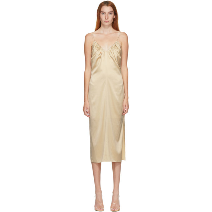 helmut lang ruched satin dress Helmut Lang SSENSE Exclusive Beige Silk Ruched Long Dress Helmut Lang