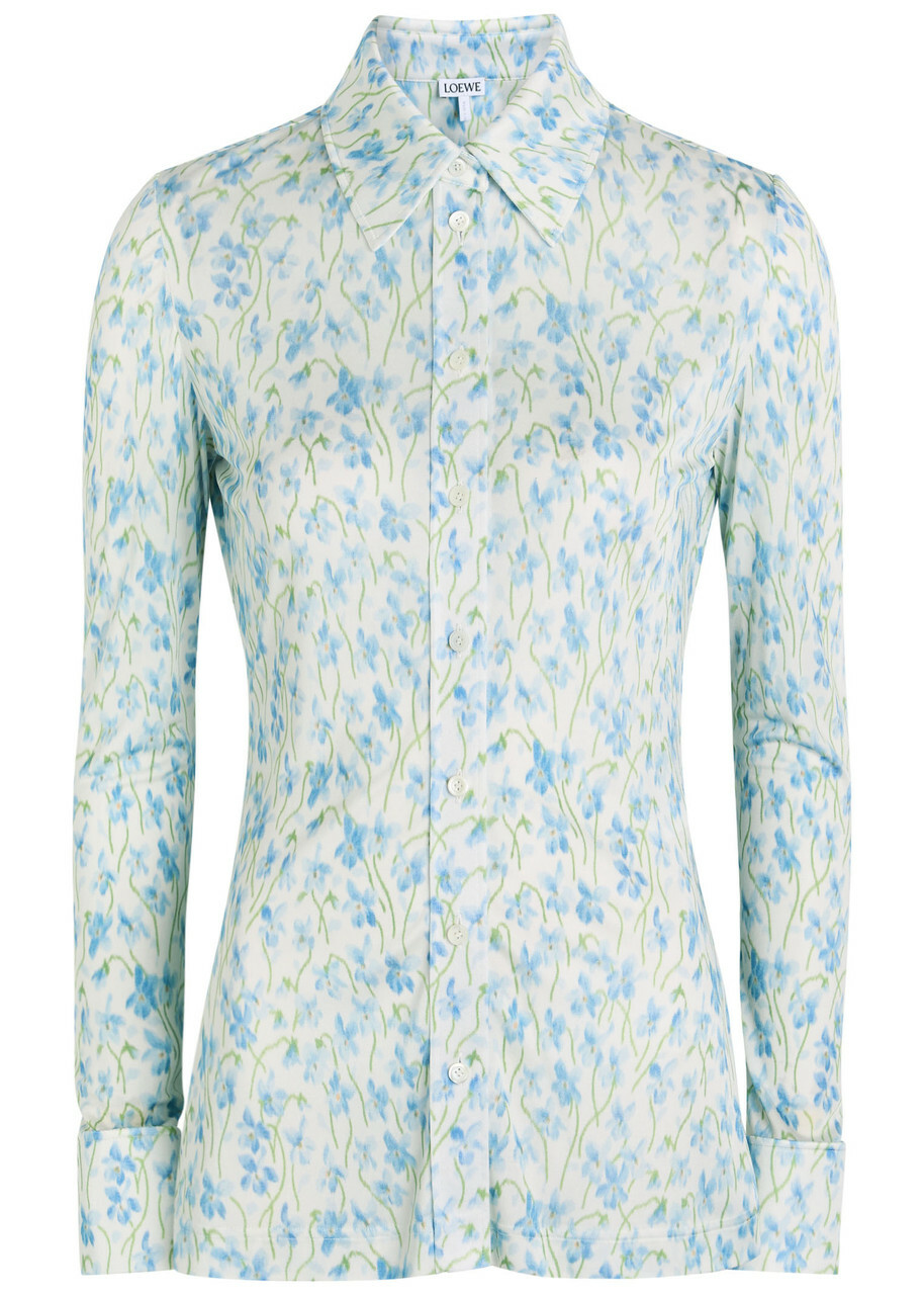 Loewe Floral-print Mesh Shirt White And Blue Loewe