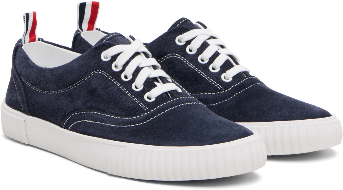 Thom Browne Navy Calf Suede Heritage Sneakers