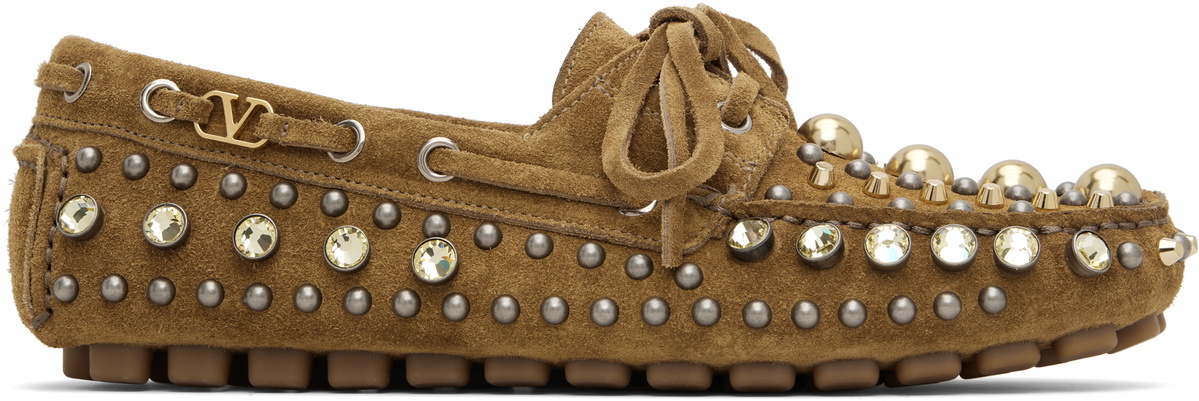 Valentino Garavani Brown Mixed Studs Boat Shoes
