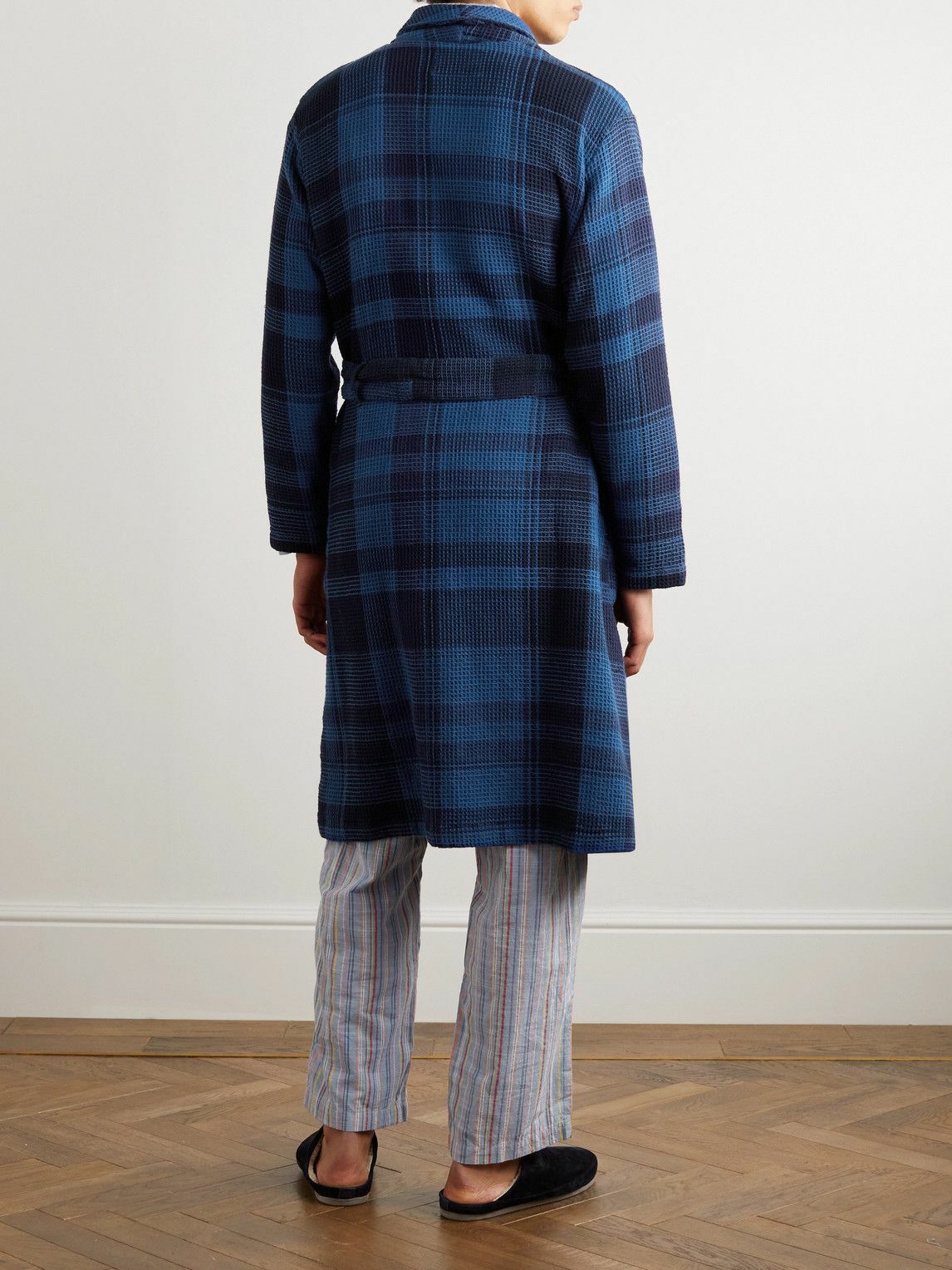 Original Madras - Checked Waffle-Knit Cotton Robe - Blue
