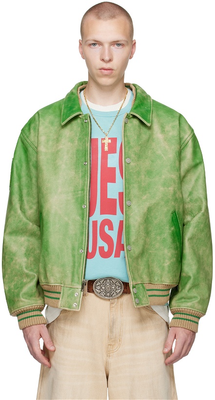 Photo: GUESS USA Green Distressed Leather Bomber Jacket