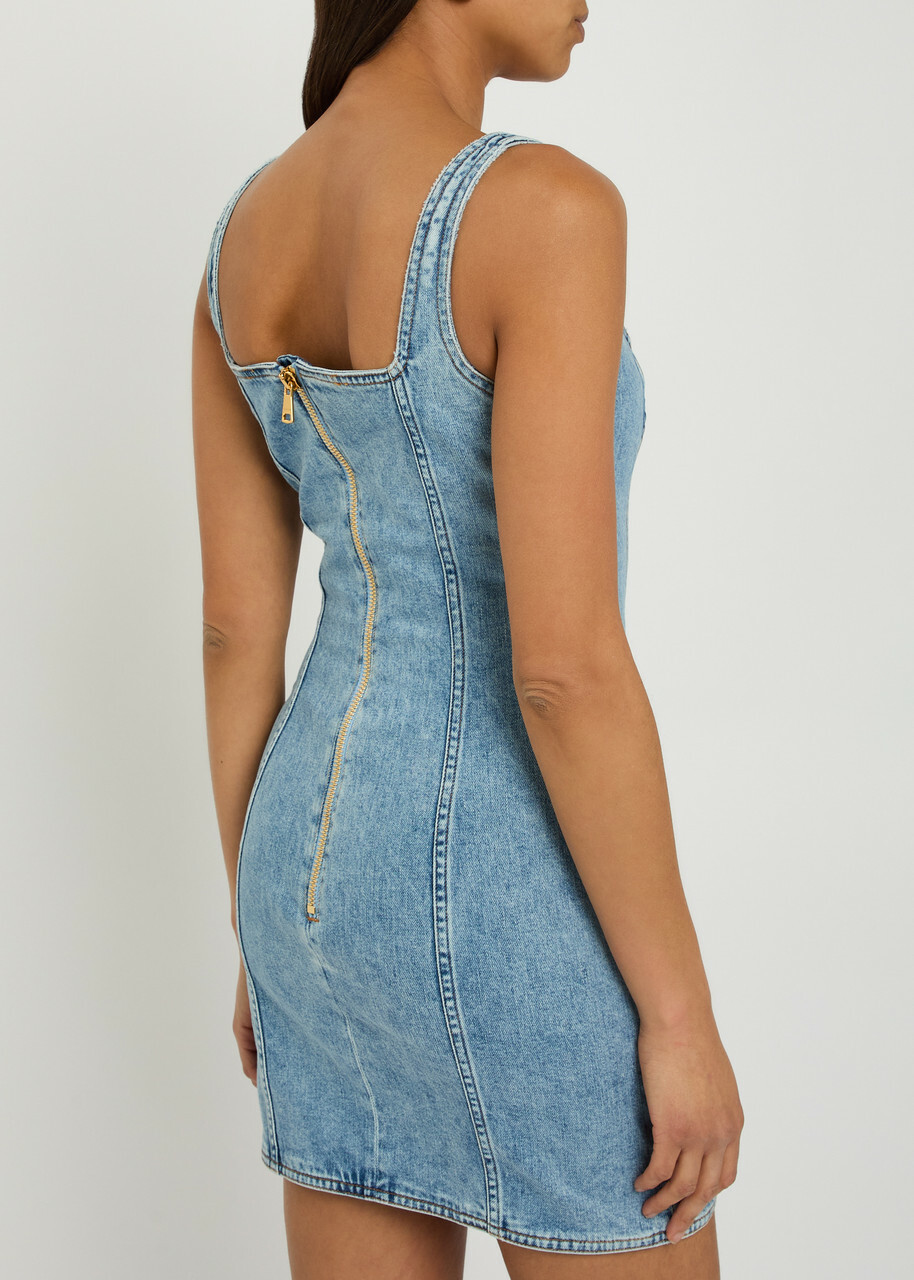 Balmain Button-embellished Stretch-denim Mini Dress Light Blue