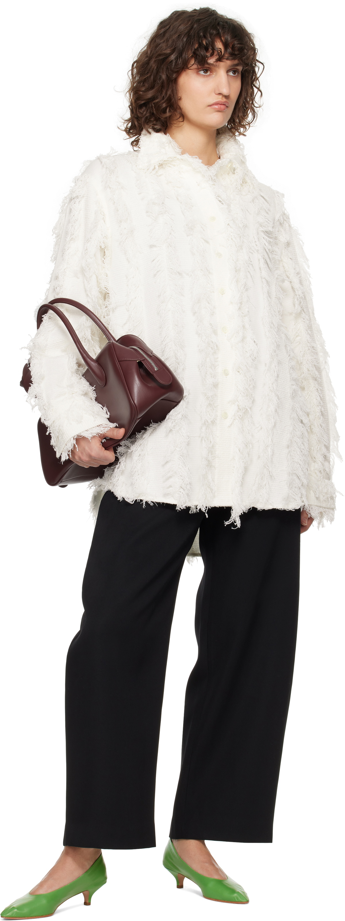 RECTO White Fringe Effect Oversized Shirt