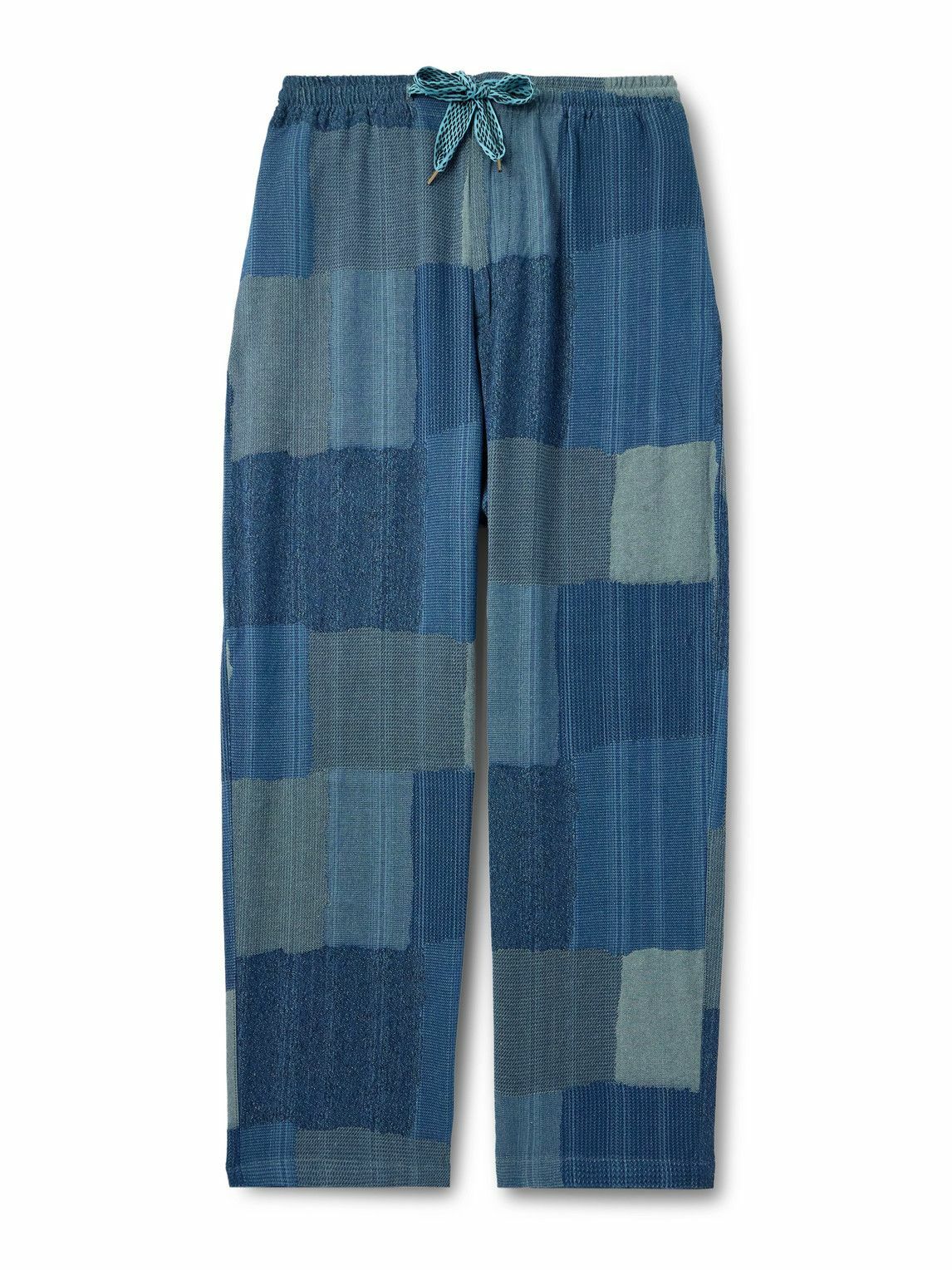 KAPITAL - Tugihagi Easy Straight-Leg Patchwork Cotton Drawstring Trousers - Blue