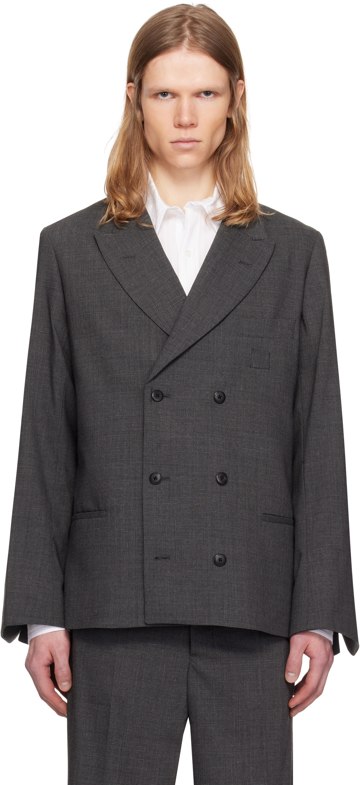 Random Identities Gray Houndstooth Wool Blend Double Breasted Blazer