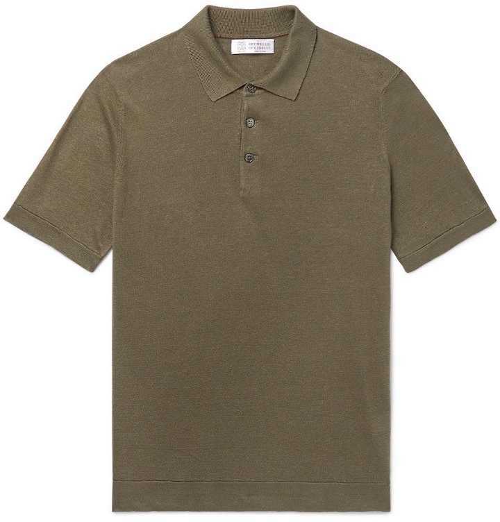 Photo: Brunello Cucinelli - Slim-Fit Linen and Cotton-Blend Polo Shirt - Army green
