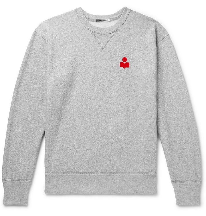 Photo: Isabel Marant - Mike Logo-Flocked Mélange Fleece-Back Cotton-Blend Jersey Sweatshirt - Gray