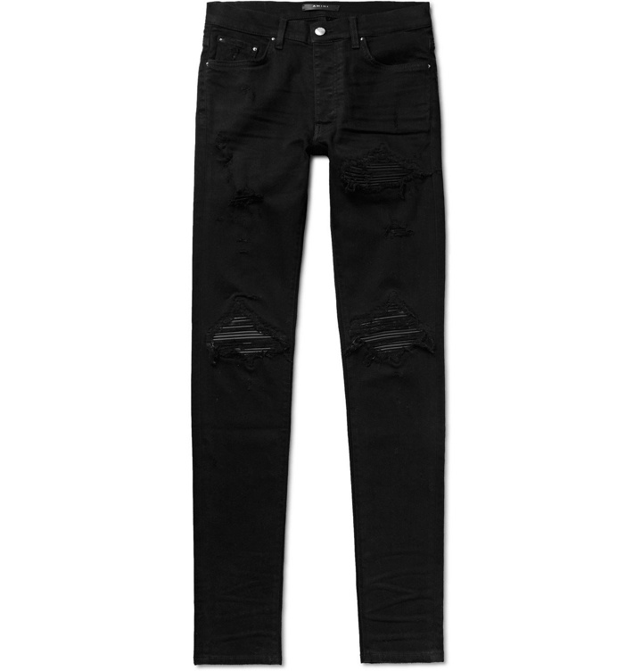 Photo: AMIRI - MX1 Skinny-Fit Leather-Panelled Distressed Stretch-Denim Jeans - Black