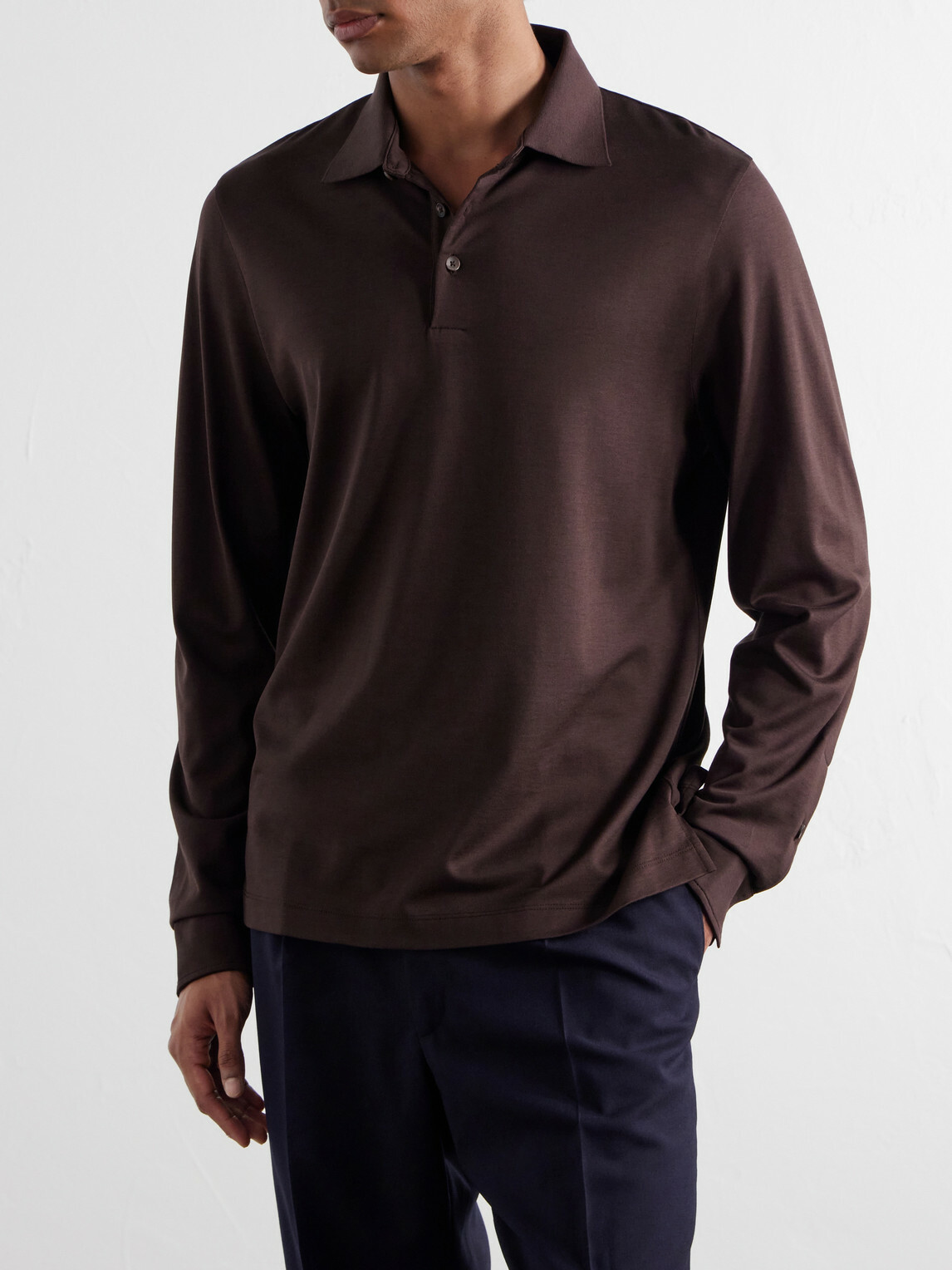 Mr P. - Silk and Cotton-Blend Polo Shirt - Brown