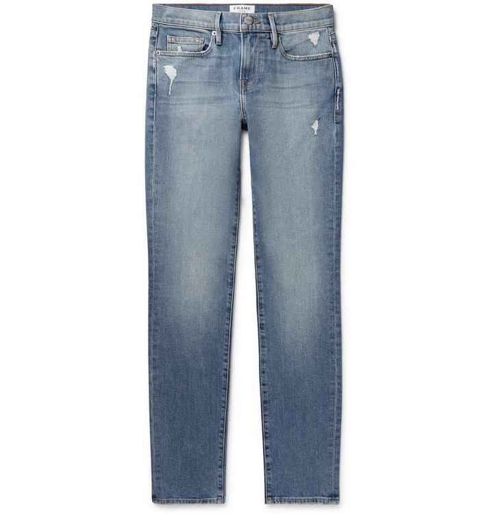 Photo: FRAME - L'Homme Slim-Fit Distressed Denim Jeans - Blue