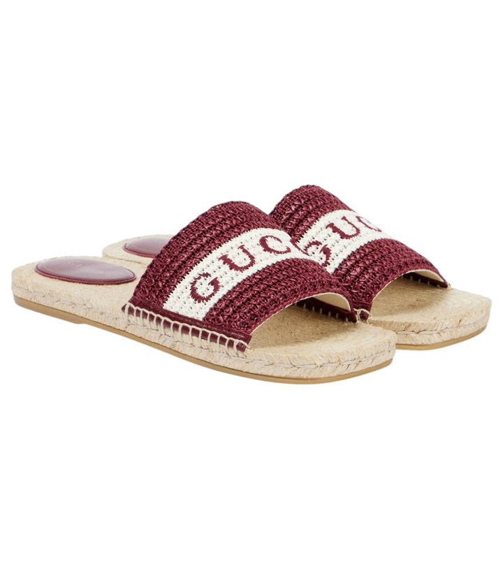 Photo: Gucci Logo embroidered raffia espadrille slides