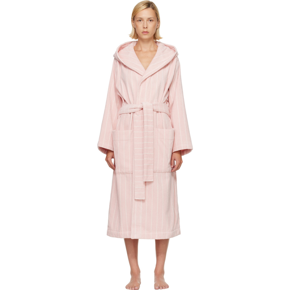 Tekla Pink & White Terry Hooded Bathrobe