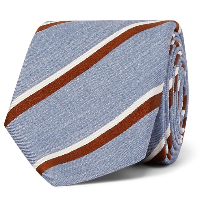 Photo: Bigi - 8cm Striped Silk and Linen-Blend Tie - Blue
