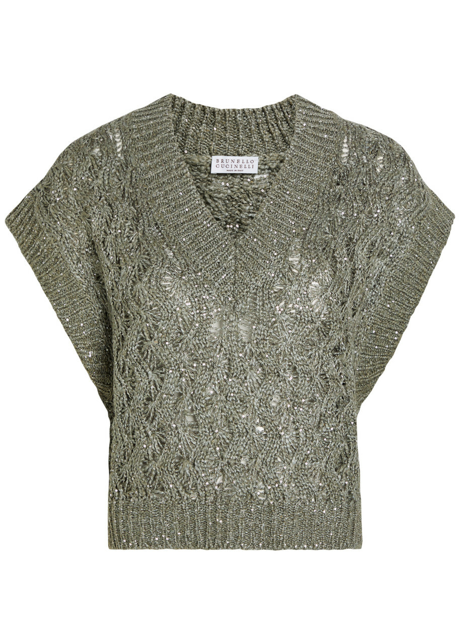 Brunello Cucinelli Sequin-embellished Knitted Silk-blend Vest Grey