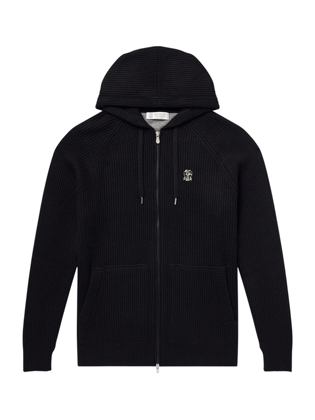 Photo: Brunello Cucinelli - Logo-Embroidered Ribbed Cashmere Zip-Up Hoodie - Black