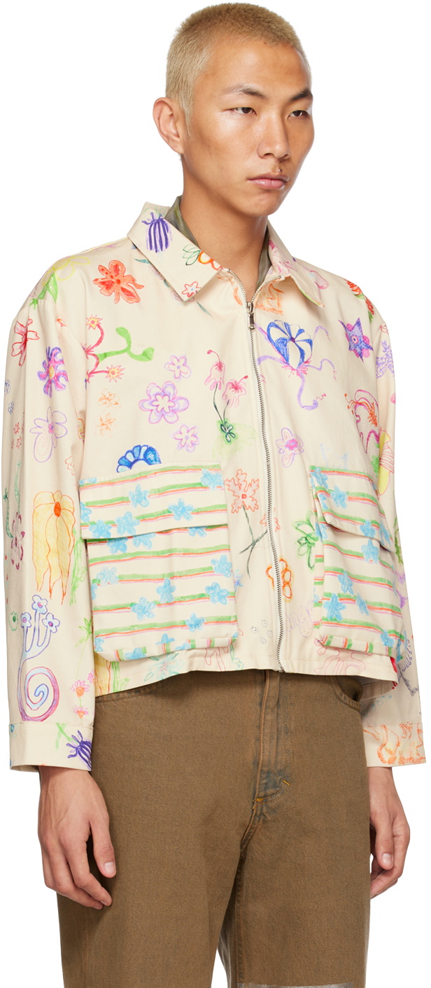 Collina Strada Beige Doodle Flower Mechanic Denim Jacket