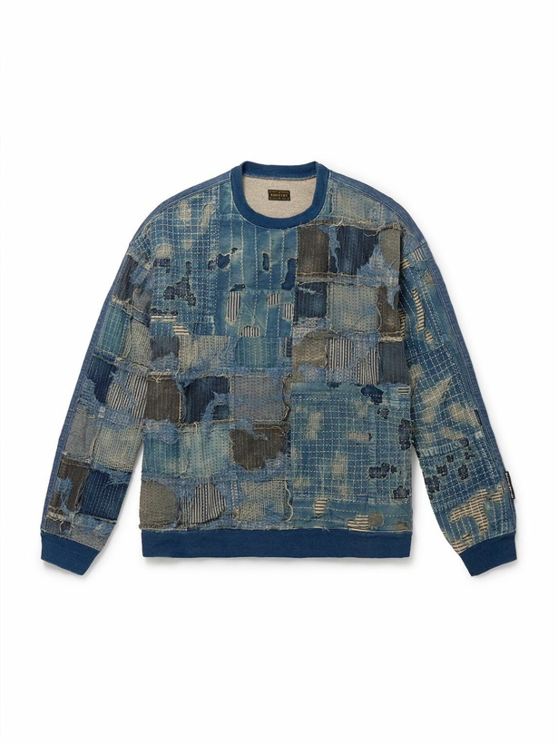 Photo: KAPITAL - Boro Distressed Patchwork Cotton and Linen-Blend Sweatshirt - Blue