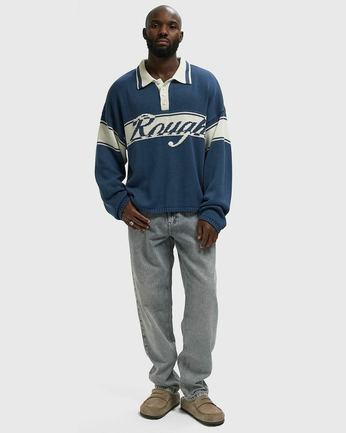 Rough. KNITTED RUGBY LONGSLEEVE Blue Mens Longsleefe