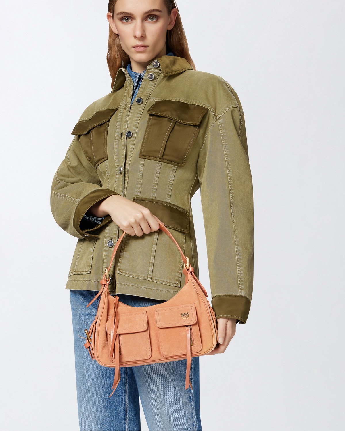Pinko Suede Cargo Shoulder Bag With Pockets Brandy Orange Pinko Suede Cargo Shoulder Bag With Pockets Brandy Orange