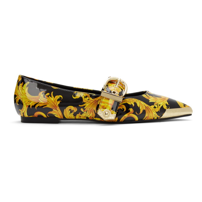 Jeans Couture Black and Gold Baroque Audrey Ballerina Flats Versace