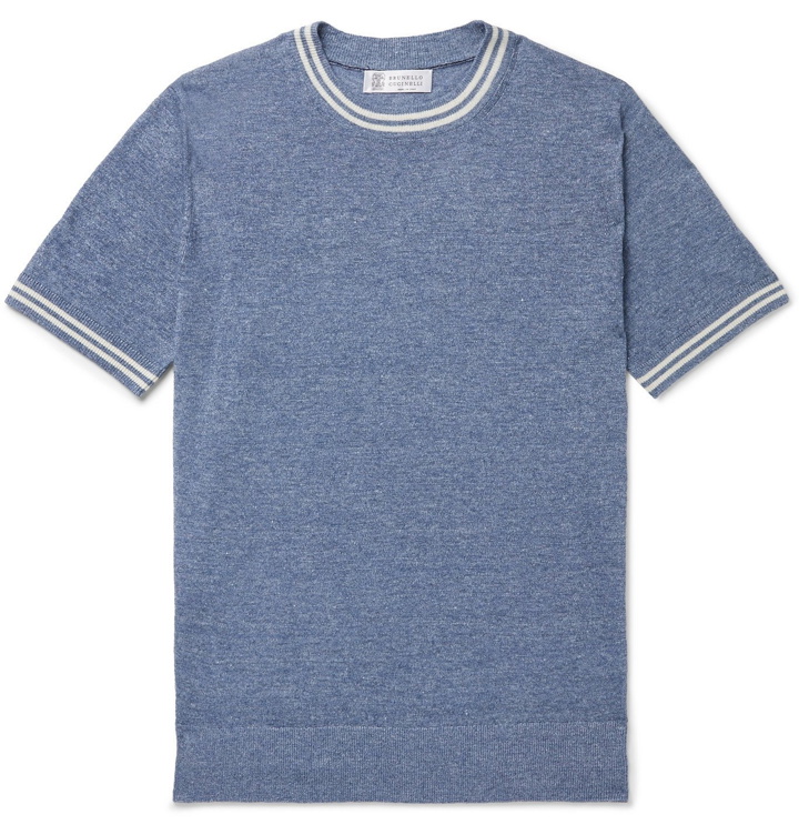 Photo: Brunello Cucinelli - Striped Linen and Cotton-Blend T-Shirt - Blue