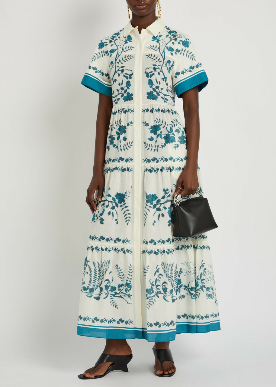 Erdem Floral-print Cotton and Linen-blend Midi Shirt Dress Blue