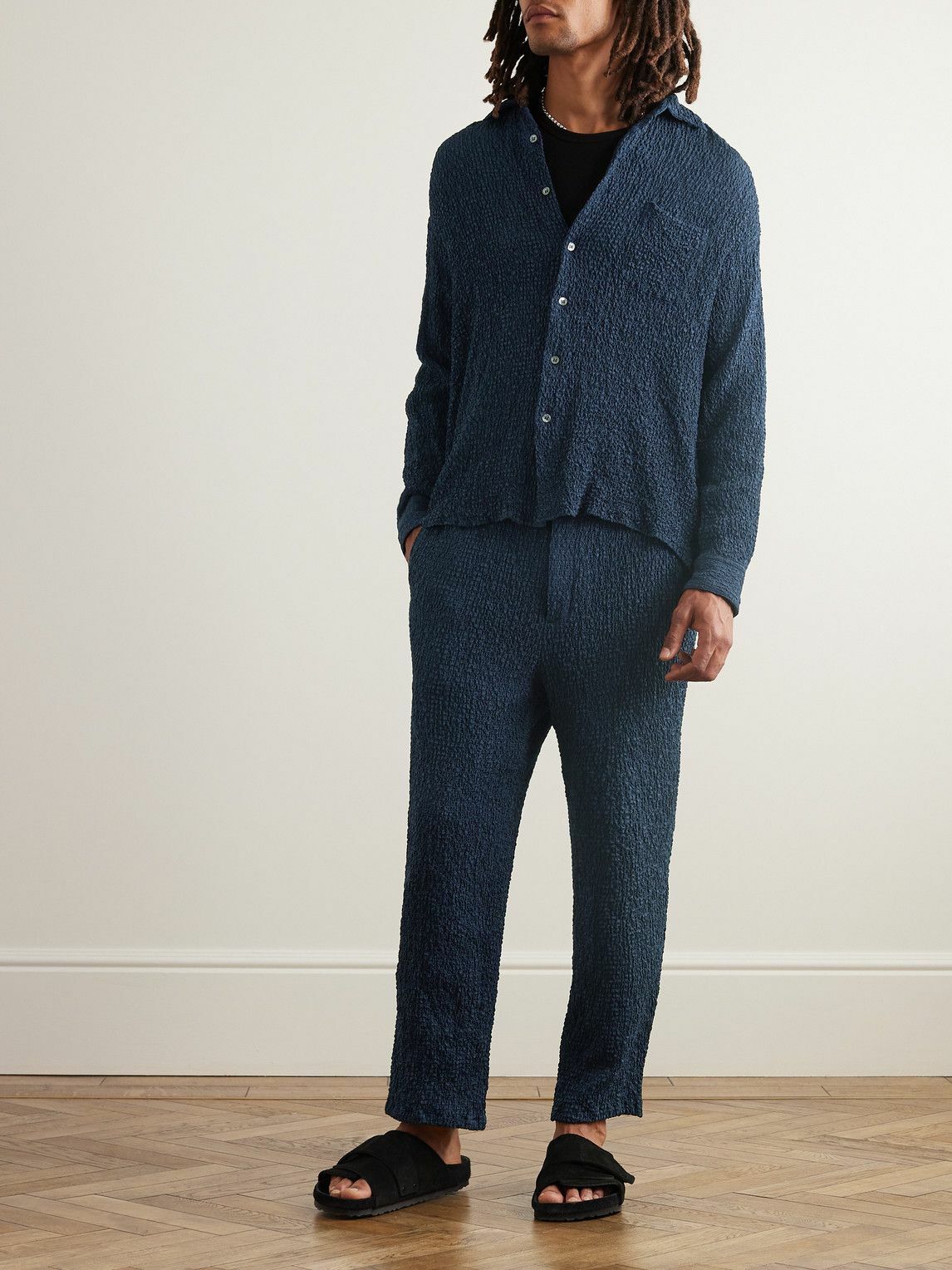 Blue Blue Japan - Straight-Leg Checked Seersucker Drawstring