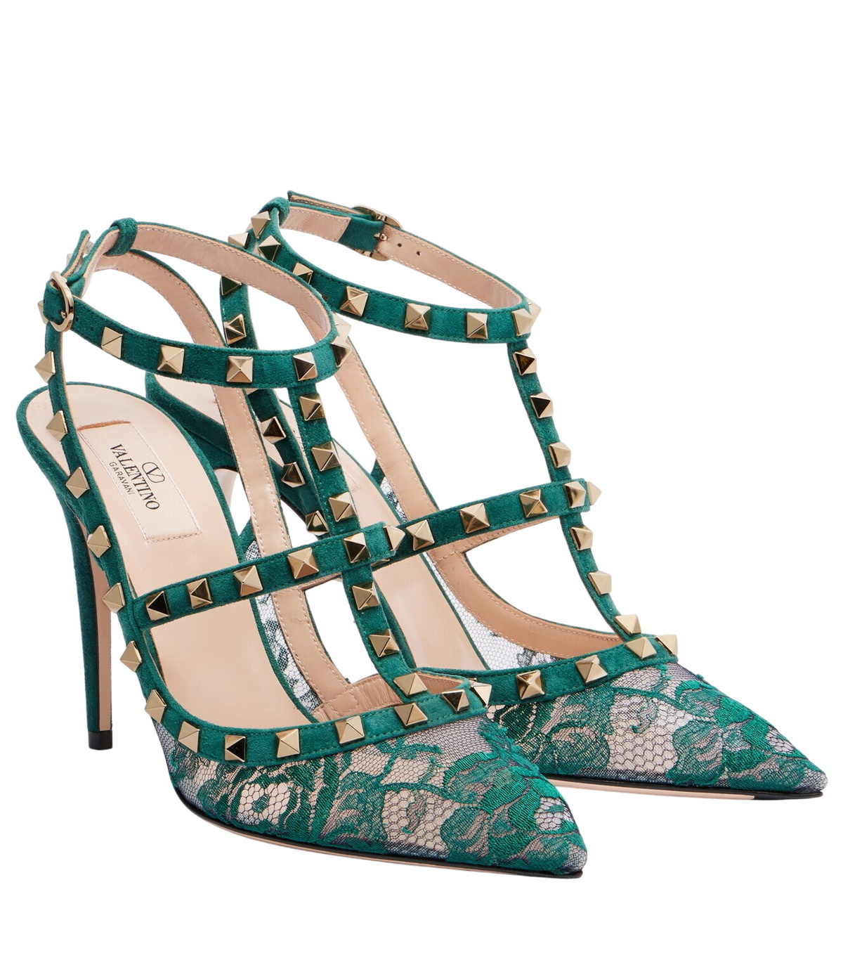 Valentino Garavani Two-tone Lace And Leather Foliefoliage Valentino Garavani Two-tone Lace And Leather Foliefoliage