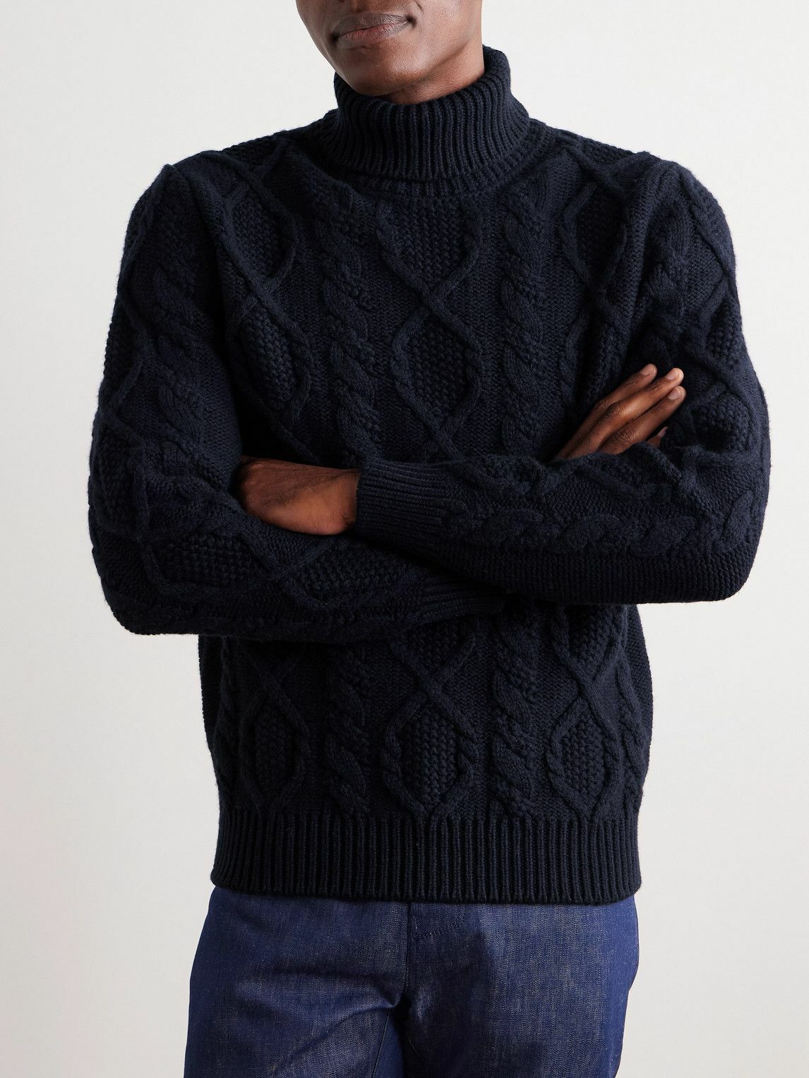 Anderson & Sheppard - Cable-Knit Wool and Cashmere-Blend Rollneck Sweater - Blue